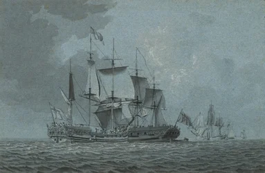 An Admiralty yacht coming alongside a man-o-war which has hove-to to await her arrival, with other vessels beyond